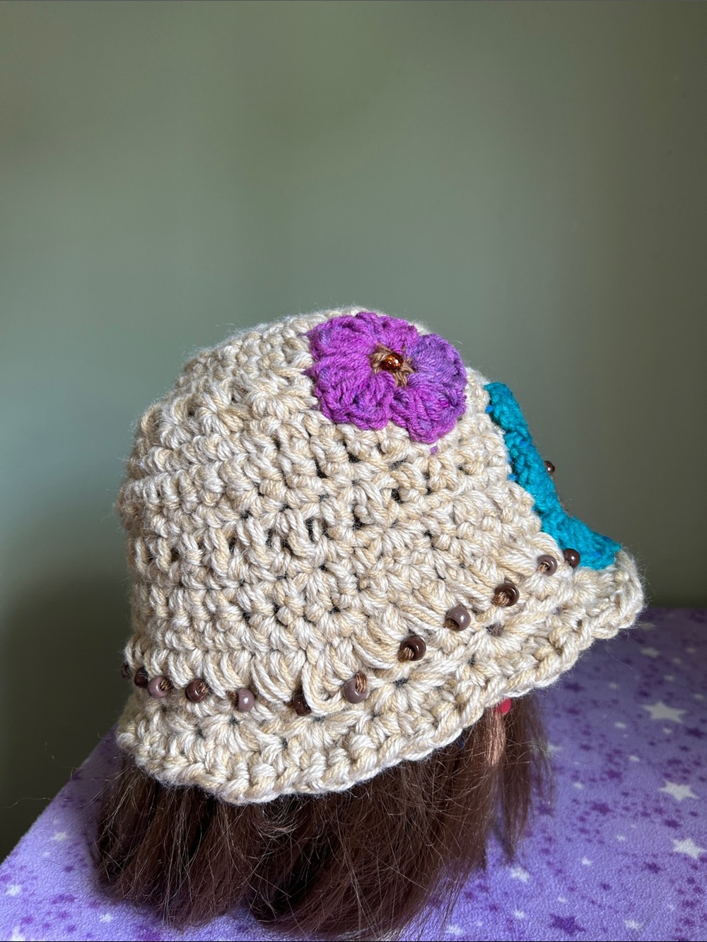 Crochet Flower Beanie with Turquoise and Purple Accents acrylic hemp yarn - Picture 8 of 8